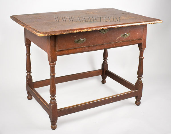 Tavern Table with Drawer, Original Surface History, Exceptional turnings
Boston or South Shore, Massachusetts
Circa 1740 to 1760, angle view